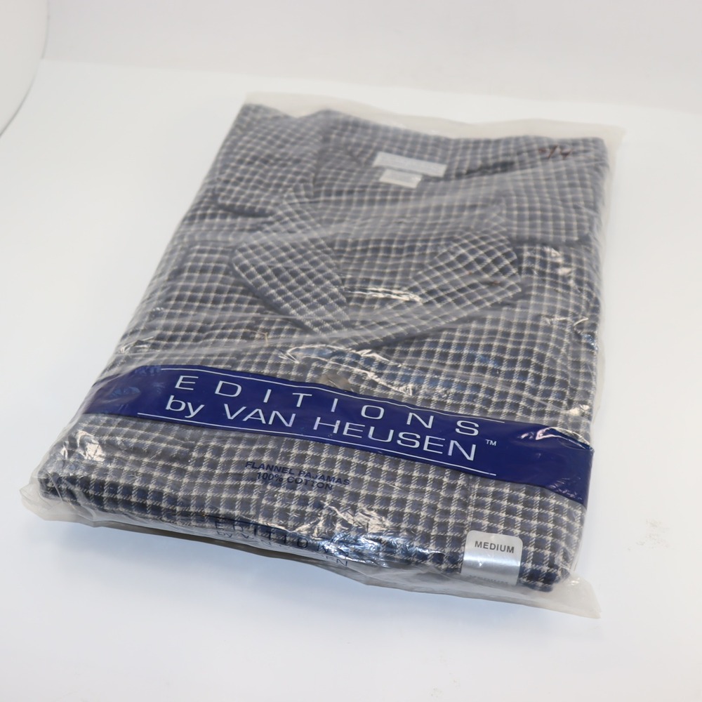 Editions by Van Heusen‎ Flannel Pajamas Medium Blue Mens Plaid Sleepwear NOS